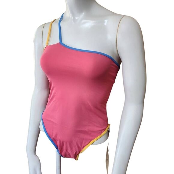 NWT Stone Fox Swim Honeycomb Sunset Pink Color Block Aloe One Piece Swimsuit (S) - Picture 4 of 7